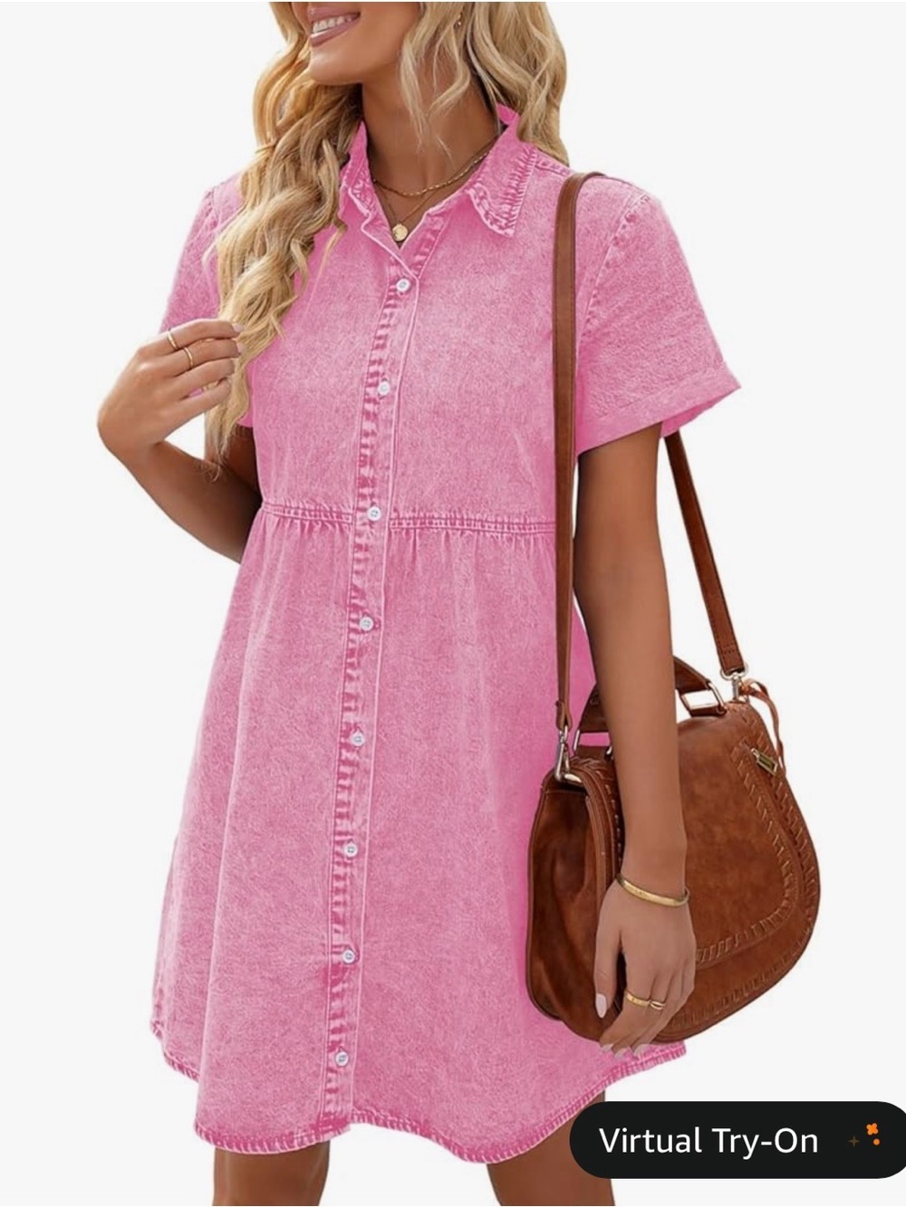 Pink Button-Front Short Sleeve Shirt Dress - Picture 7 of 7